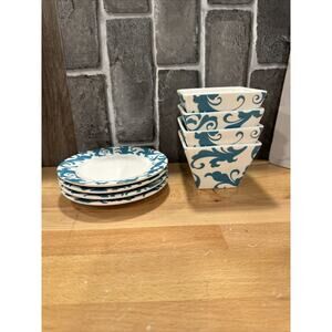 Ciroa Blue Fiori Scroll Appetizer Dessert Bowls & Dessert Plates Set 4 Each